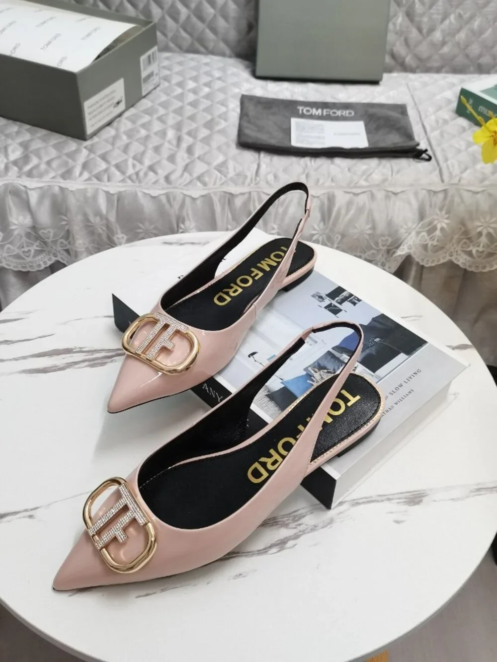 Tom Ford Nude Pink Rhinestone TF-Logo Pointed-Toe Flats